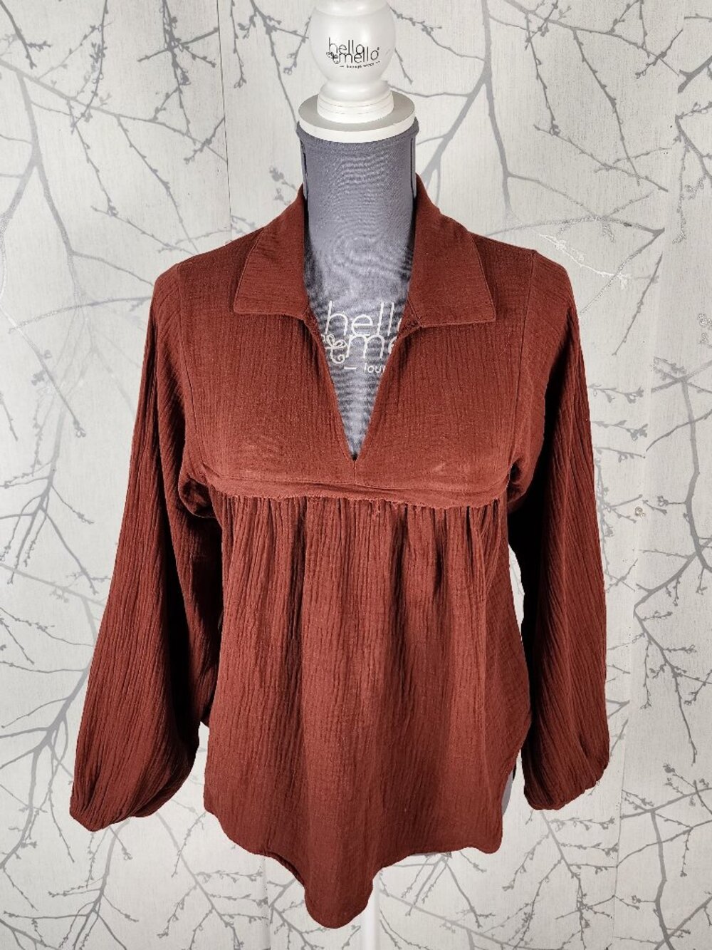 Anna Kaci Burnt Orange Cotton Gauze Collared V-Neck Babydoll Top